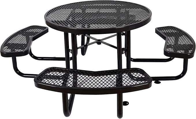 KUFUH 46" Round All Metal Picnic Table for 4-8 Person, Durable Heavy Duty Commercial Picnic Table with Umbrella Hole for Outdoor Coffee Shop, School, Easy to Assemble, Black