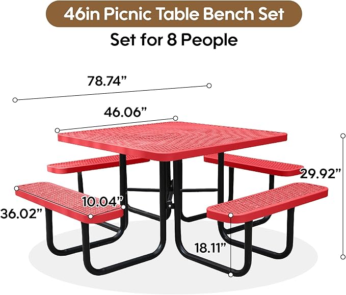 HIMcup 46" Square Picnic Table for Outside,Heavy Duty Metal Picnic Table Bench Set with 2in Umbrella Hole, 1600 lb Capacity,Commercial Dining Table Furniture for Garden Yard Patio Party Coffee Shop