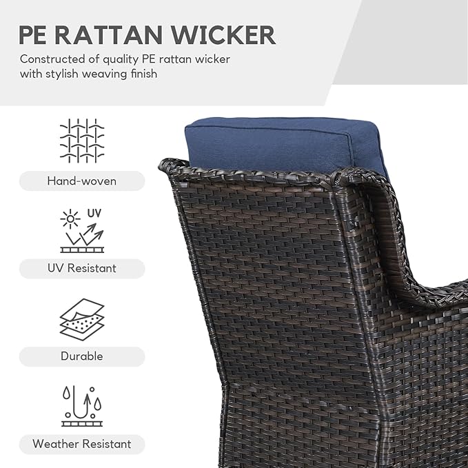 Patio Rocking Chairs Set of 2, Wicker Outdoor Rocking Chairs, Outdoor Gliders Patio Rockers for Porch, Deck, Yard, Garden, Brown Wicker/Blue Cushion