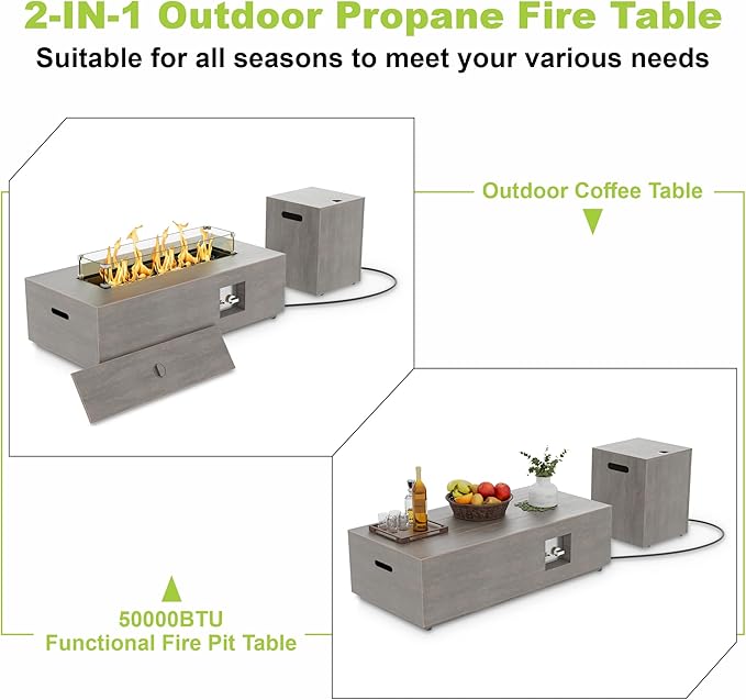 Dineli 2-Piece Outdoor Propane Fire Pit Table Set w Tank Table 42'' Rectangular Firepit Gas Fire Pits for Outside Patio Fire Table Tabletop Fire Pits, 50,000 BTU, Gray