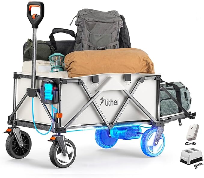 Litheli Electric Wagon Cart with 1 Battery & Charger, All-Terrain Wheels & Variable Speed | 200L Capacity, 300 lbs Heavy-Duty Utility Wagon for Camping Beach Garden Shopping, SE-Beige