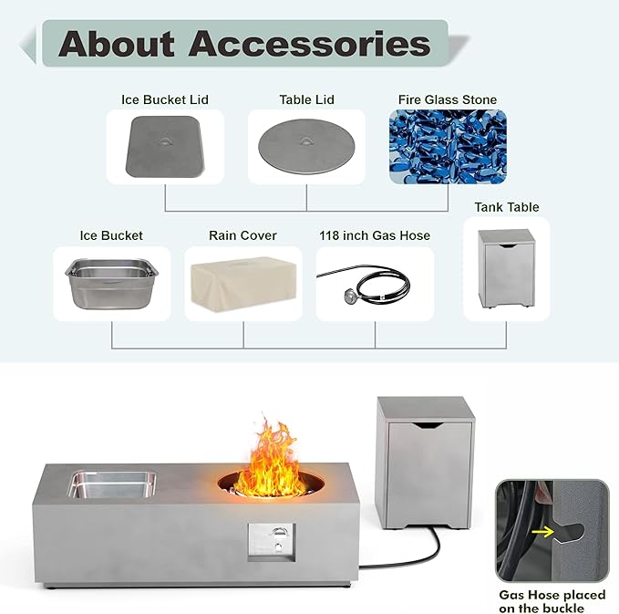 Dineli 2-Piece Outdoor Propane Fire Pit Table Set w Tank Table 48'' Rectangular Firepit w Ice Bucket Gas Fire Pits for Outside Patio Tabletop Fire Pits, 50,000 BTU, Gray