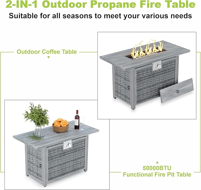 30" Round Propane Fire Pit Table - 50K BTU with Lid, Rocks Tank Storage and Cover - Round Gas Fire Pits for Outside Patio - Outdoor Table with Firepit (Grey, 43" Rectangular)