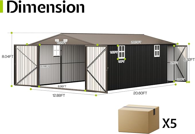 Jocisland 13.2x20.7x8 FT Heavy Duty Metal Carport, Car Canopy with 2 Lockable Doors & 4 Windows, All-Weather Car Shelter for Car, Boat, Truck, Equipment Storage, Dark Gray