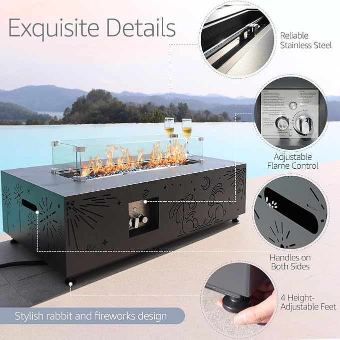 NICESOUL Outdoor Natural Gas/Propane Firepit Table, 42'' Rectangular Fire Pit with Hidden Tank Table, 50000 BTU Modern All-Weather Metal Fireplace with LED Light for Outside Patio, CSA Certified, Grey