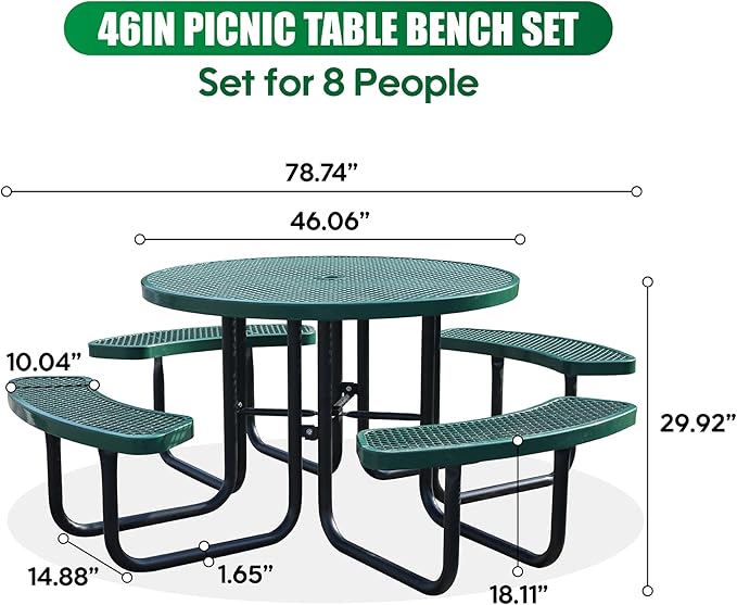 8-Person Outdoor Picnic Tables,46" Heavy-Duty Metal Round Picnic Table,Expanded Metal Commercial-Grade Table with 4 Benches & Umbrella Hole,Waterproof Coating Beach Table for Patio,Garden, Backyard