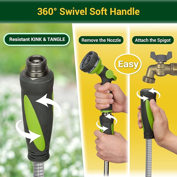 Garden Hose - Water Hose 75 FT with Swivel Handle & 8 Function Nozzle, Flexible, Heavy Duty, No Kink, Lightweight Metal Hose for Outdoor, Yard, 304 Stainless Steel
