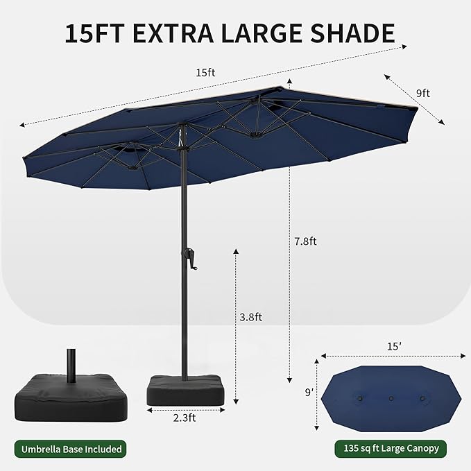 OLILAWN Patio Table Umbrella, 15ft Large Deck Umbrella with Base Included, Outdoor Double-Sided Rectangle Market Umbrella with Aluminium Crank, 12 Sturdy Ribs, for Deck Porch Garden, Dark Blue