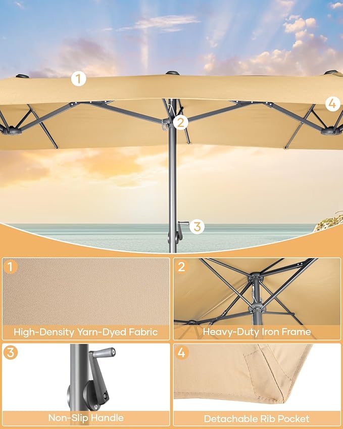 15ft Large Patio Umbrella with Base Included, Outdoor Double-Sided Rectangle Market Umbrella with Crank Handle, Umbrella Outdoor Patio for Pool Lawn Garden