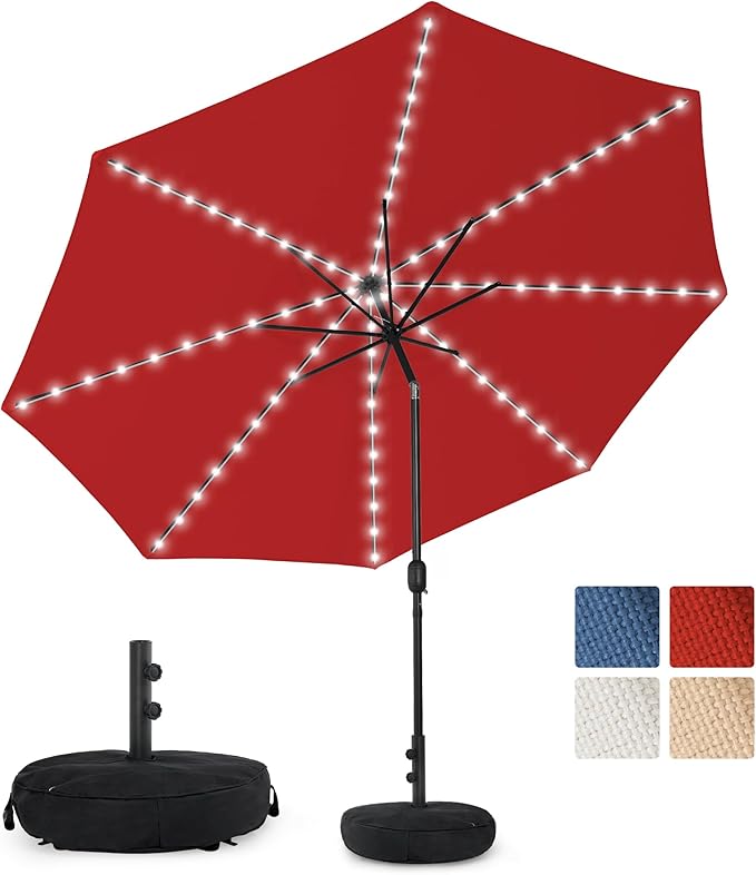 Sundale Outdoor Olefin 5-Year-Non-Fading Solar 88 LED 10FT Solar Patio Umbrella with Sand Bag Base, Outdoor Umbrella with Tilt and Crank, Red