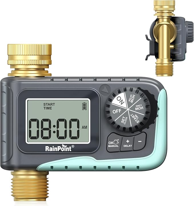 RAINPOINT Sprinkler Timer, 100% Metal Pipe Water Timer for Garden Hose, Programmable Hose Controller for Watering, Sprinkler Controller with Manual Watering/Rain Delay for Outdoor Lawn & Garden 1 Zone