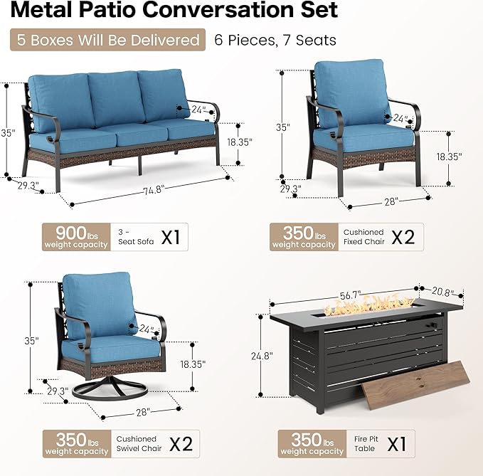 SUNSHINE VALLEY 6 Piece Metal Outdoor Patio Furniture Sets with Firepit Table, Patio Conversation Sets 1 3-Seater Sofa, 2 Leg Sofa and 2 Swivel Chair with 5.75" Cushion for Backyard Deck, Denim Blue