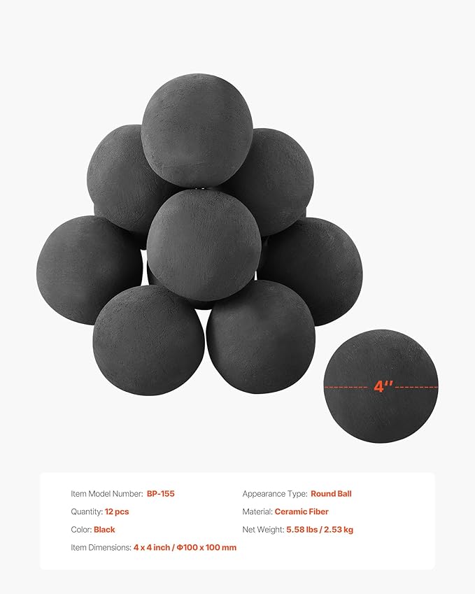 VEVOR Ceramic Fire Balls, 4 Inch 12 Pcs Round Fire Stones, Reusable Lava Rocks Indoor and Outdoor Use, Decorative Fire Pit Rocks for Propane/Gas Fireplace, Stove, Courtyard, Camping, Black