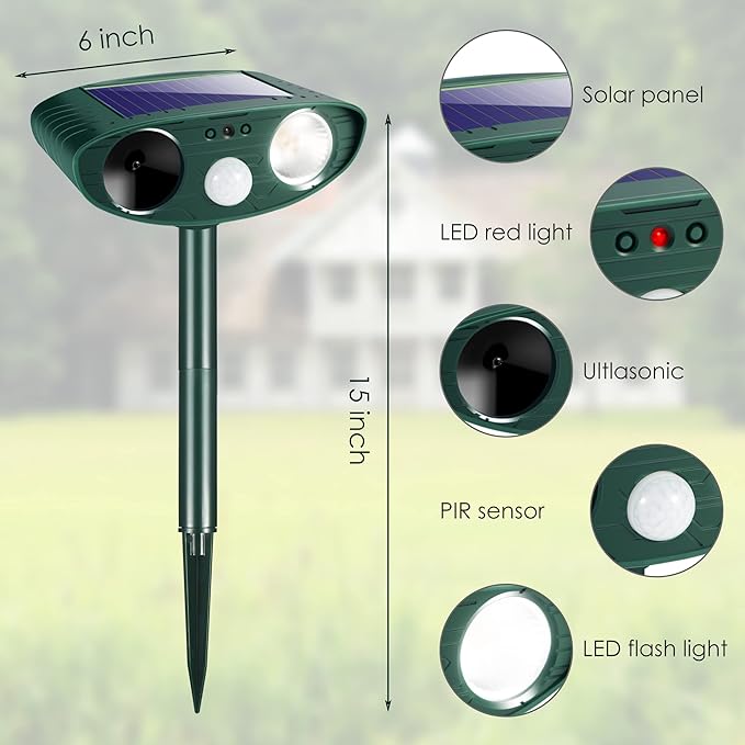 2025 Solar Animal Repellent Ultrasonic Animal Repeller Outdoor Deer Repellent Waterproof with Motion Detection Cat Deterrent Rabbit Raccoon Dog Squirrel Coyote Skunk Repellent for Yard Garden
