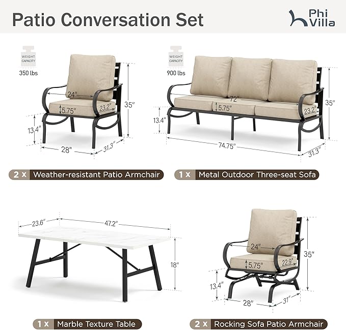 PHI VILLA 6 Piece Patio Furniture Sets with 1 x 3 Seater Padded Deep Seating Bench, 2 x C-Base Cushioned Sofa Chairs, 2 x Leg Sofa Chairs and 1 x Coffee Table, Outdoor Metal Furniture Set for 7