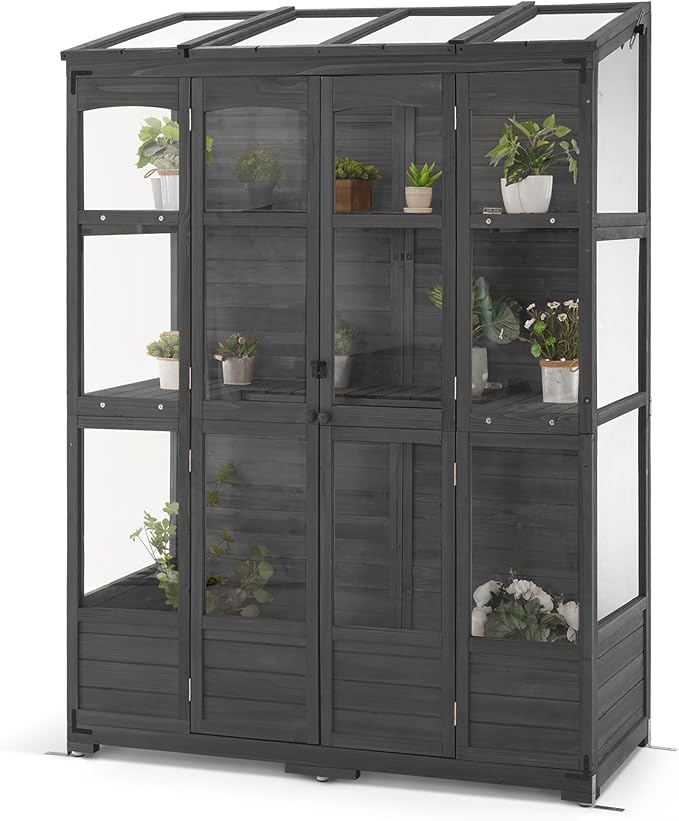 MCombo Wooden Greenhouse, Walk-in Outdoor Greenhouse with Openable Roof and Lockable Door, 0899 (Dark Grey)