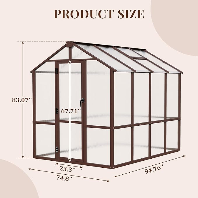 6x8 FT Greenhouse, Wooden Polycarbonate Greenhouse with 6MM Thick Polycarbonate Panel and Adjustable Roof Vents, Walk-in greenhouses for Outdoors for Garden Backyard, Patio, Lawn, Brown