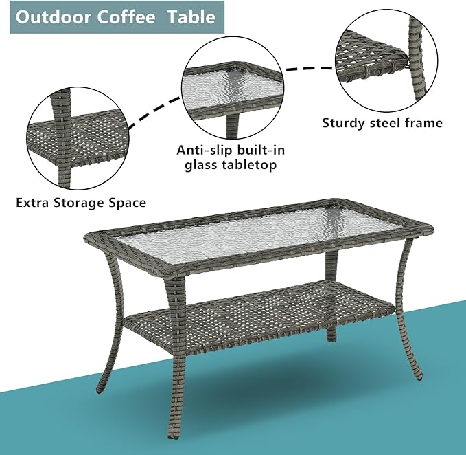 Rilyson Wicker Outdoor Patio Furniture Set - 8 Piece Patio Conversation Sets with Swivel Rocker Chairs, Ottomans, Sofa and Table, 6 inch Cushions, Deep Seating, for Porch Deck Mixed Grey/Blue