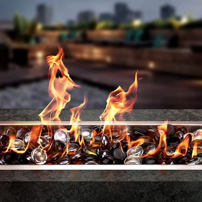 onlyfire 10 Pounds Fire Glass Beads for Propane Fire Pit and Gas Fireplace, 1/2 Inch Round Firepit Glass Rocks Flat Marbles for Fire Pit Table, Onyx Black, Crystal Ice and Caramel Luster