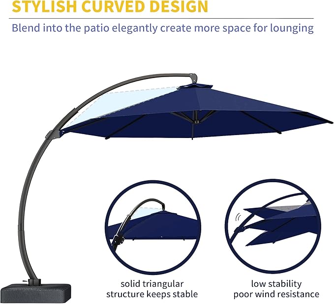 Kingdura 11ft Cantilever Patio Umbrella with Base Included, Large Round Offset Outdoor Pool Umbrella, 360° Rotation & Infinite Tilt, Heavy Duty Aluminum Frame for Deck Backyard, Navy blue