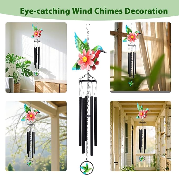 MUMTOP Hummingbird Wind Chimes for Outside, Metal Deep Tone Memorial Sympathy Wind Chime Windchimes with Flower for Patio, Outdoor,Garden,Yard,Window,Home Decor or Gifts for Women