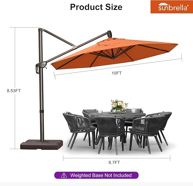 PURPLE LEAF 10FT Cantilever Patio Umbrella with Base Included Round Umbrella with 360° Rotation Aluminum Outdoor Offset Hanging Umbrella for Patio Pool, Burnt Orange