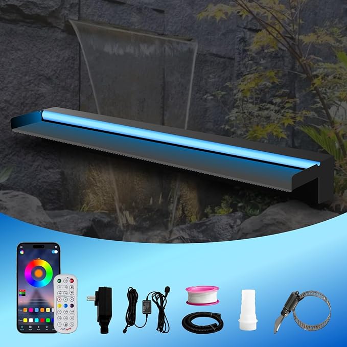 Pool Waterfall Spillway Stainless Steel Pond Fountain, APP Control Colorful LED Lighted Outdoor Black Fountains, Water Flow Spillways Kit for Koi Pond, Swimming Pool, Garden-35.4"x7.8"x3.9"