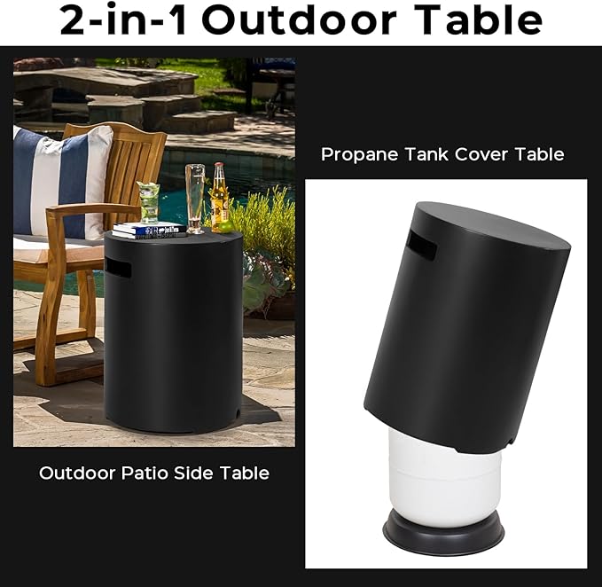 Propane Tank Cover Table Round, Outdoor Tank Covers Propane Storage Box 20 LB Modern Cover Tables with Side Handle, Concrete Hideaway Holder for Patio Backyard Deck (Black)