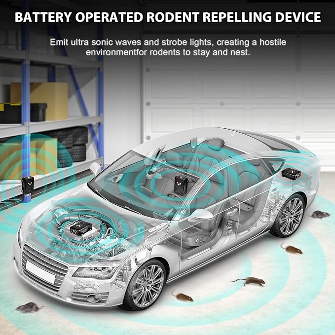Under Hood Rodent Repeller Battery Operated Ultrasonic & Strobe Light Mouse and Rat Deterrent for Car Engines – Wireless Animal Repellent Device for Vehicle Pest Control