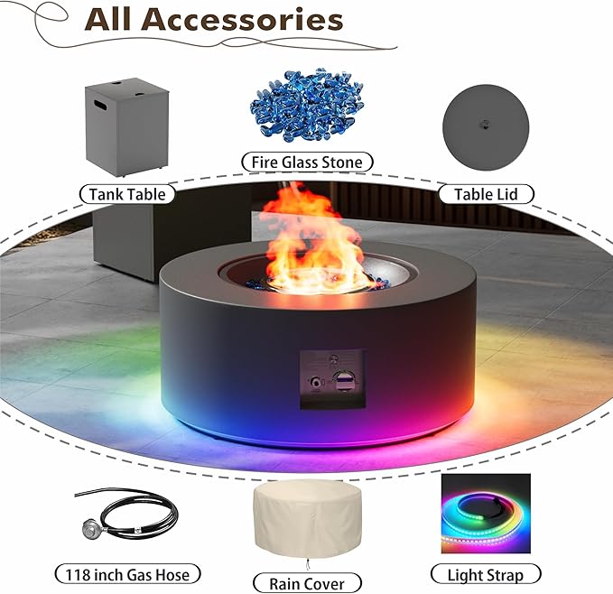 30" Round Propane Fire Pit Table - 50K BTU with Lid, Rocks Tank Storage and Cover - Round Gas Fire Pits for Outside Patio - Outdoor Table with Firepit (Gray/RGB Light, 30" Round)