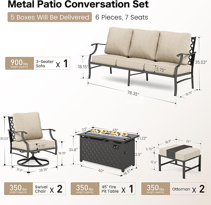 SUNSHINE VALLEY Patio Furniture Set with Firepit Table, Metal Outdoor Patio Furniture, 2 Swivel Chairs, 3 Seater Sofa, 2 Ottomans with 5.75" Extra Thick Cushion and Gas Firepit Table for Backyard Deck