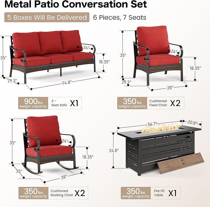 SUNSHINE VALLEY 6 Piece Metal Outdoor Patio Furniture Sets with Firepit Table, Patio Conversation Sets 1 3-Seater Sofa, 2 Leg Sofa and 2 Rocking Chair with 5.75" Cushion for Backyard Deck, Rust Red