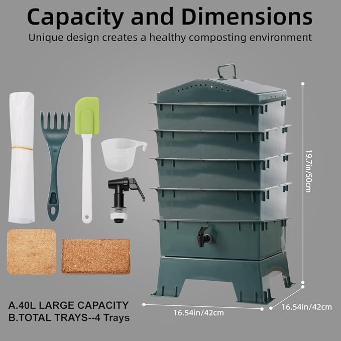 4-Tray Worm Compost Bin, Worm Composter for Outdoor & Indoor, ecocultivatify Wormie's Home, Worm Bin Set for Recycling Household Waste (Dark Green)