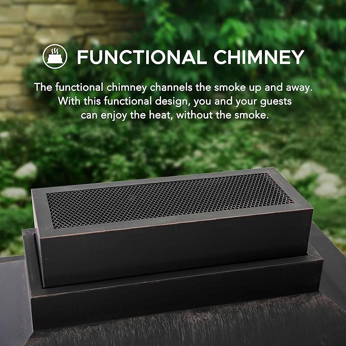 Sunjoy Outdoor Fireplace, Heavy Duty Patio Wood Burning Fireplace with Steel Chimney, Mesh Spark Screen Doors, Removable Grate and Fire Poker, Black