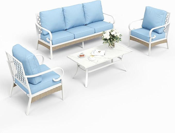 SUNSHINE VALLEY 4 Piece Metal Outdoor Patio Furniture Sets, Patio Conversation Sets 1 3-seater Sofa, 2 Single Sofa with 5.75" Extra Thick Cushion and Coffee Table, White Frame Backyard Furniture, Blue