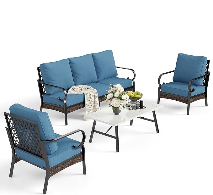 SUNSHINE VALLEY 4 Piece Metal Outdoor Patio Furniture Set, Patio Conversation Sets 1 3-Seater Sofa, 2 Chairs with 5.75" Extra Thick Cushion and Coffee Table, Black Frame Backyard Furniture, Denim Blue