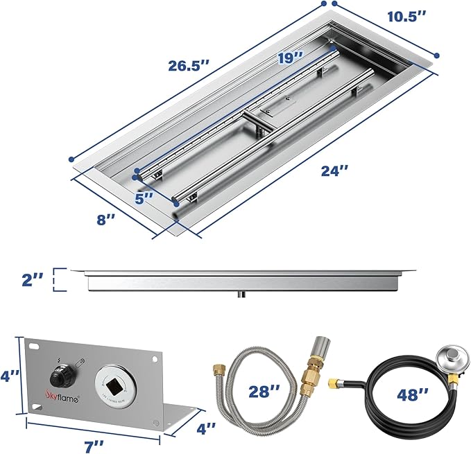 Skyflame 24 x 8 Inch Rectangular Fire Pit Pan Kit, Stainless Steel Drop-in Fire Pit Pan and Burner, Come with Spark Ignition and Propane Hose, Indoor/Outdoor Fire Table DIY Decorative