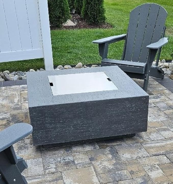 AMS Creations | Albany Square Natural Gas Outdoor Fire Pit Table | Concrete GFRC Fire Pit Table | with SS Burner, Canvas Cover, SS Lid, Lava Rock, and Wind Guard Included (Fuel Type: Natural Gas)