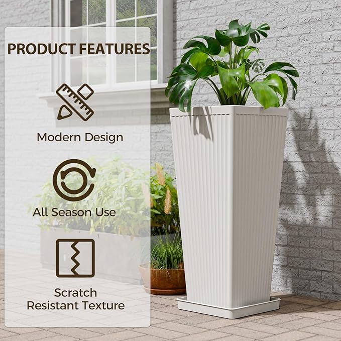 Square Tall Planters for Outdoor Plants Set of 2-23.6" Modern Tapered Indoor Flower Pots with Drainage Holes/Partition/Tray, Large Outdoor Planters for Porch Patio Garden Front Porch, White