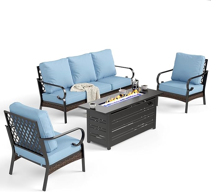 SUNSHINE VALLEY 4 Piece Black Metal Outdoor Patio Furniture Sets with Firepit Table, Patio Conversation Sets 1 3-Seater Sofa, 2 Single Sofa with 5.75" Thick Cushion Backyard Furniture for Deck, Blue