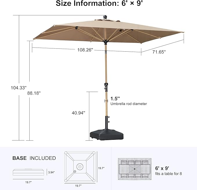 PURPLE LEAF 6' x 9' Patio Umbrella with Base Market Umbrella Rectangular Outdoor Umbrella with Push Button Tilt & Crank and 8 Ribs Aluminum Table Umbrella for Pool Backyard Beach, Taupe