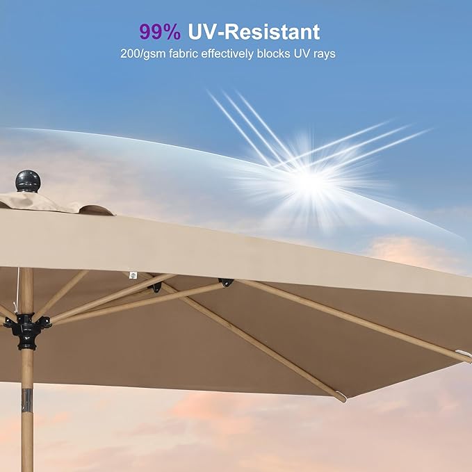 PURPLE LEAF 6.5' x 10' Outdoor Umbrella with Base Patio Umbrella Rectangular Outdoor Table Umbrella with Push Button Tilt & Crank and 8 Ribs Aluminum Market Umbrella for Backyard Deck, Taupe