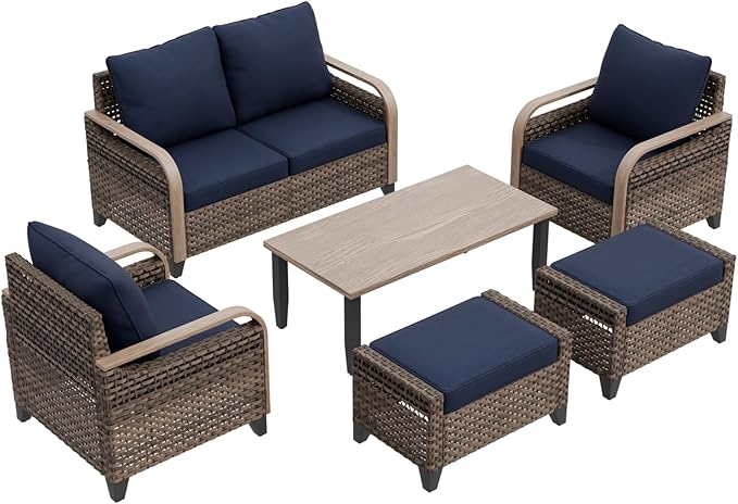 EAGLE PEAK Modern Wicker Outdoor Patio Furniture Set, Patio Conversation Set, 2 Chairs, 2-Seat Loveseat, 2 Ottomans and Coffee Table, 6 Pieces, Brown/Blue