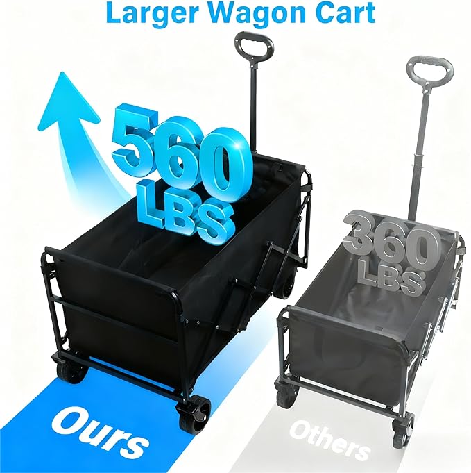 Wagons Carts Foldable with Brakes & All-Terrain Wheels, 560LBS Capacity Utility Cart for Beach Trips, Outdoor Camping, Sports & Garden Use – Black