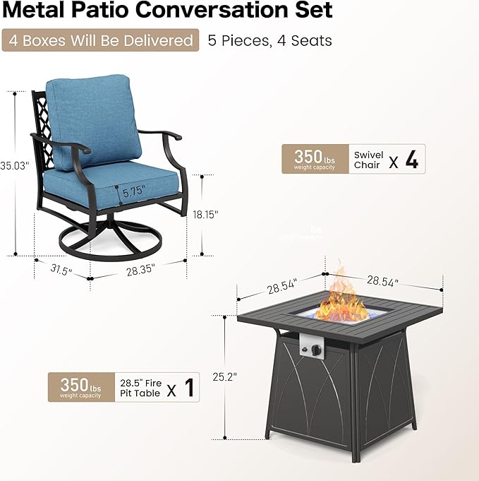 SUNSHINE VALLEY 5 Piece Metal Outdoor Patio Furniture Set with Fire Pit Table, Patio Conversation Sets 4 Swivel Chairs with 5.75" Thick Cushion and 5000 BTU Fire Pit Table, Backyard Furniture, Navy