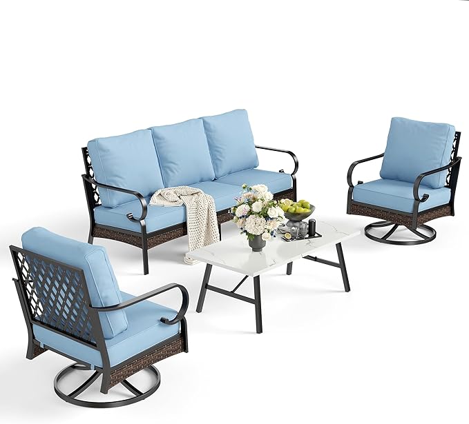 SUNSHINE VALLEY 4 PCS Metal Outdoor Patio Furniture Set, Patio Conversation Sets 1 3-Seater Sofa, 2 Swivel Chairs with 5.75" Extra Thick Cushion & Coffee Table, Black Frame Backyard Furniture, Blue