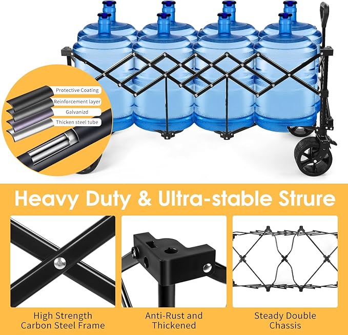 49''L Collapsible Foldable Extended Wagon with 560lbs Weight Capacity, Heavy Duty 300L Folding Utility Garden Cart with Big All-Terrain Beach Wheels & Drink Holders. Black