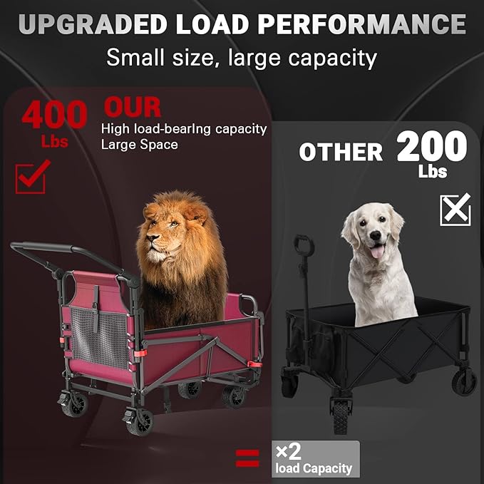 LEVELEVE Heavy Duty Folding Wagon - 2-in-1 Collapsible Cart, 400lb Capacity, All-Terrain Wheels w/Brakes & Side Pockets
