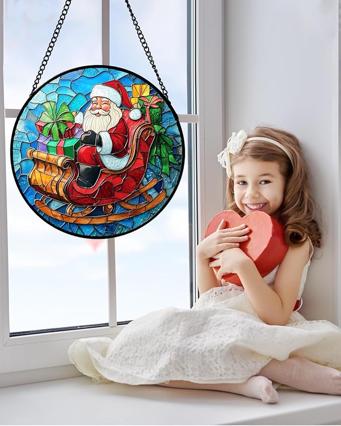 DASTOLL Stained Glass Window Hanging - Red Santa Claus Gift Box Suncatcher for Doors Home Christmas Decoration Winter Sun Catcher Thanksgiving New Year Birthday Gift for Women Men Mom Nana 11.8 in