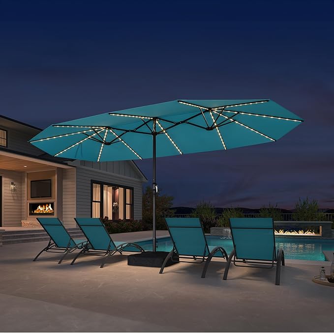 PURPLE LEAF 15ft Patio Market Umbrella with Solar LED and Base Double-Sided Rectangle Outdoor Table Sun Umbrellas with Crank for Pool Beach Deck Backyard Turquoise Blue